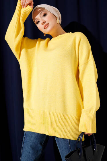 Düşük Omuz Salaş Triko Tunik Sarı - Tunik