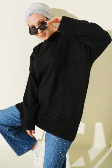 Düşük Omuz Salaş Triko Tunik Siyah - Tunik