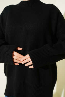 Düşük Omuz Salaş Triko Tunik Siyah - Tunik