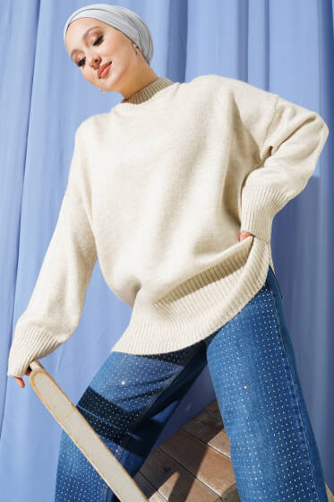 Düşük Omuz Salaş Triko Tunik Taş - Tunik