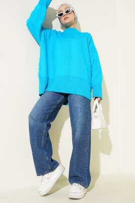 Düşük Omuz Salaş Triko Tunik Turkuaz - Tunik