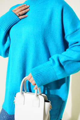 Düşük Omuz Salaş Triko Tunik Turkuaz - Tunik