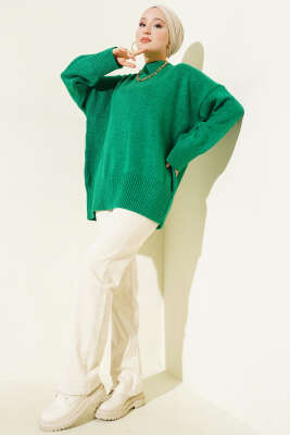 Düşük Omuz Salaş Triko Tunik Yeşil - Tunik