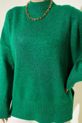 Düşük Omuz Salaş Triko Tunik Yeşil - Tunik