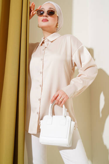 Düşük Omuz Saten Gömlek Bej - Gömlek