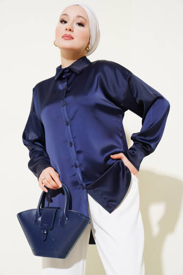 Düşük Omuz Saten Gömlek Lacivert - Gömlek