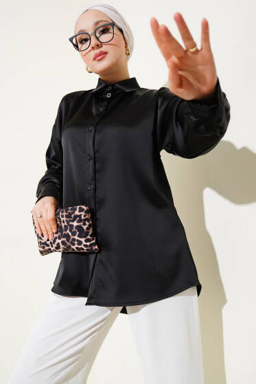 Düşük Omuz Saten Gömlek Siyah - Gömlek