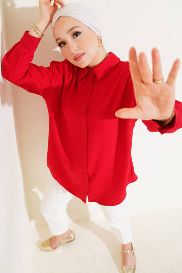 Düşük Omuzlu Basic Gömlek Kırmızı - Gömlek