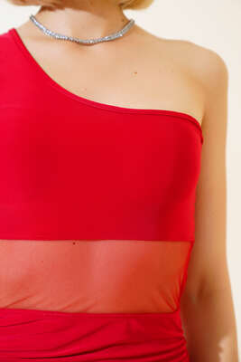 Düşük Omuzlu Beli Tül Elbise Kırmızı - Thumbnail