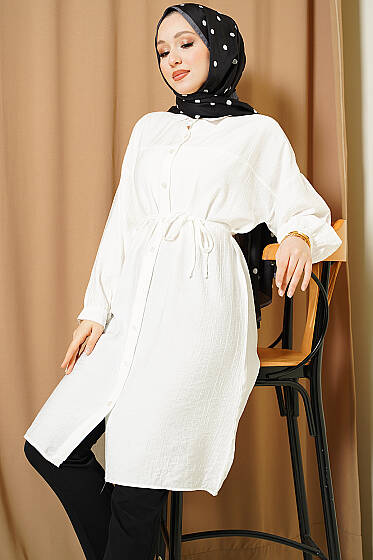 Düşük Omuzlu İp Kuşaklı Uzun Gömlek Beyaz - Gömlek
