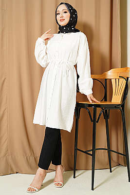 Düşük Omuzlu İp Kuşaklı Uzun Gömlek Beyaz - Gömlek