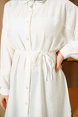 Düşük Omuzlu İp Kuşaklı Uzun Gömlek Beyaz - Gömlek