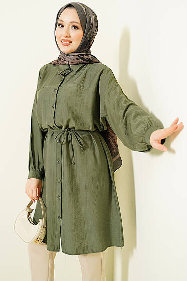 Düşük Omuzlu İp Kuşaklı Uzun Gömlek Çağla Yeşili - Gömlek