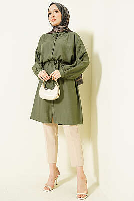 Düşük Omuzlu İp Kuşaklı Uzun Gömlek Çağla Yeşili - Gömlek