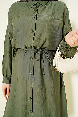 Düşük Omuzlu İp Kuşaklı Uzun Gömlek Çağla Yeşili - Gömlek