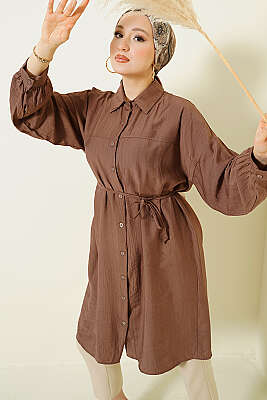 Düşük Omuzlu İp Kuşaklı Uzun Gömlek Kahve - POLO LIVE