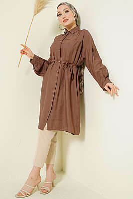 Düşük Omuzlu İp Kuşaklı Uzun Gömlek Kahve - Gömlek