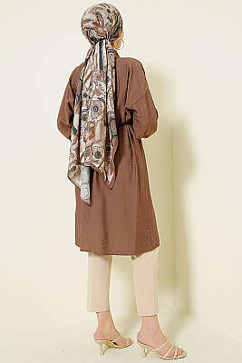 Düşük Omuzlu İp Kuşaklı Uzun Gömlek Kahve - Gömlek