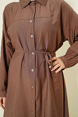 Düşük Omuzlu İp Kuşaklı Uzun Gömlek Kahve - Gömlek