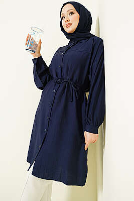 Düşük Omuzlu İp Kuşaklı Uzun Gömlek Lacivert - POLO LIVE