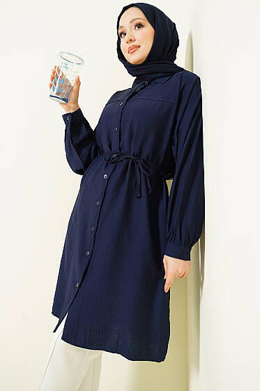 Düşük Omuzlu İp Kuşaklı Uzun Gömlek Lacivert - Gömlek