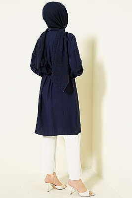 Düşük Omuzlu İp Kuşaklı Uzun Gömlek Lacivert - Gömlek