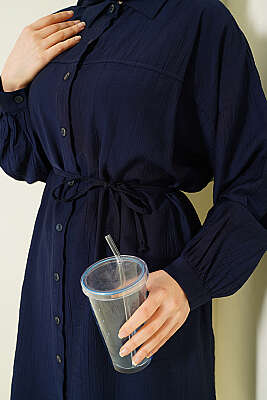 Düşük Omuzlu İp Kuşaklı Uzun Gömlek Lacivert - Gömlek