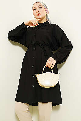 Düşük Omuzlu İp Kuşaklı Uzun Gömlek Siyah - POLO LIVE