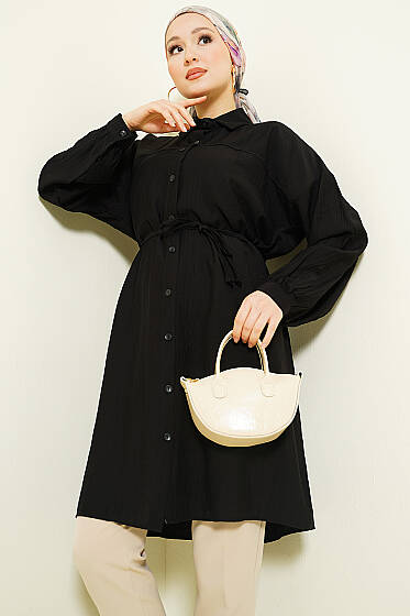 Düşük Omuzlu İp Kuşaklı Uzun Gömlek Siyah - Gömlek