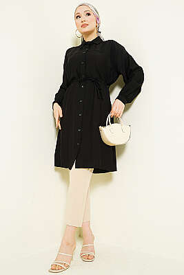 Düşük Omuzlu İp Kuşaklı Uzun Gömlek Siyah - Gömlek