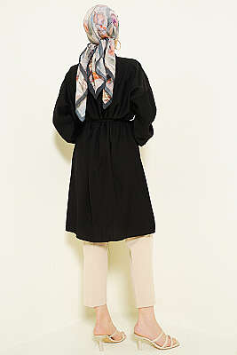 Düşük Omuzlu İp Kuşaklı Uzun Gömlek Siyah - Gömlek