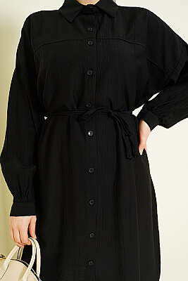 Düşük Omuzlu İp Kuşaklı Uzun Gömlek Siyah - Gömlek