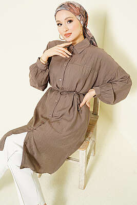 Düşük Omuzlu İp Kuşaklı Uzun Gömlek Vizon - POLO LIVE