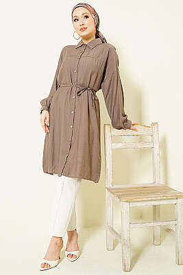 Düşük Omuzlu İp Kuşaklı Uzun Gömlek Vizon - Gömlek