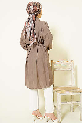 Düşük Omuzlu İp Kuşaklı Uzun Gömlek Vizon - Gömlek