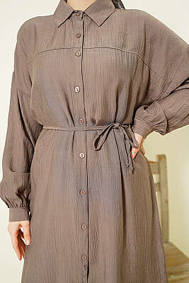 Düşük Omuzlu İp Kuşaklı Uzun Gömlek Vizon - Gömlek