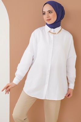 Düşük Omuzlu Klasik Yakalı Beyaz Gömlek - Thumbnail