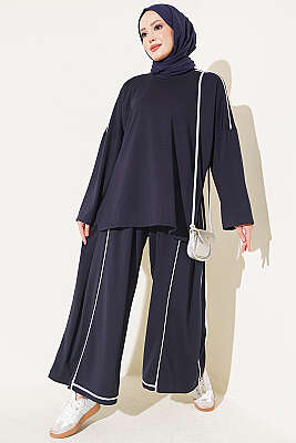 Düşük Omuzlu Şerit Detaylı İkili Takım Lacivert - YAZGI TEKSTİL