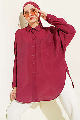 Düşük Omuzlu Tek Cepli Gömlek Bordo - YAZGI TEKSTİL