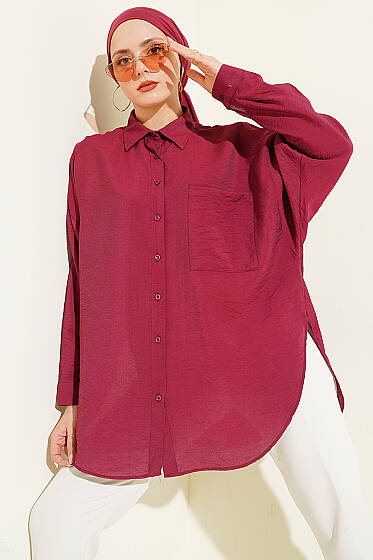 Düşük Omuzlu Tek Cepli Gömlek Bordo - Gömlek