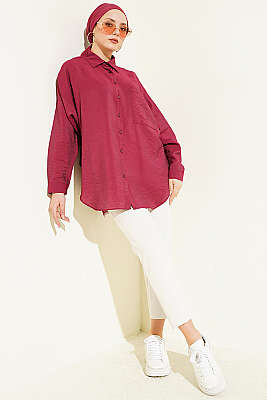 Düşük Omuzlu Tek Cepli Gömlek Bordo - Gömlek