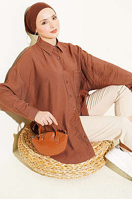 Düşük Omuzlu Tek Cepli Gömlek Kahve - YAZGI TEKSTİL