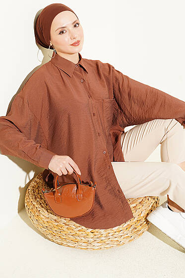 Düşük Omuzlu Tek Cepli Gömlek Kahve - Gömlek