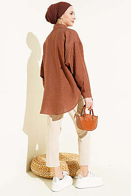 Düşük Omuzlu Tek Cepli Gömlek Kahve - Gömlek