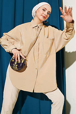 Düşük Omuzlu Tek Cepli Gömlek Kum Bej - YAZGI TEKSTİL