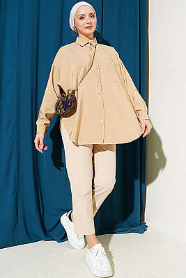 Düşük Omuzlu Tek Cepli Gömlek Kum Bej - Gömlek