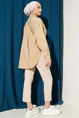 Düşük Omuzlu Tek Cepli Gömlek Kum Bej - Gömlek