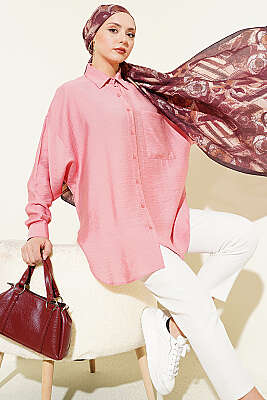 Düşük Omuzlu Tek Cepli Gömlek Pudra - YAZGI TEKSTİL