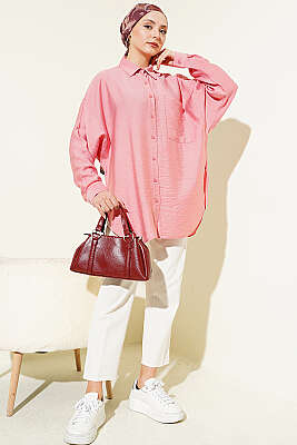 Düşük Omuzlu Tek Cepli Gömlek Pudra - Gömlek