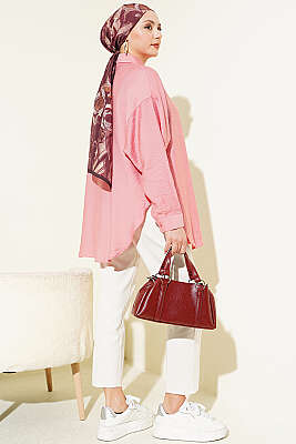 Düşük Omuzlu Tek Cepli Gömlek Pudra - Gömlek